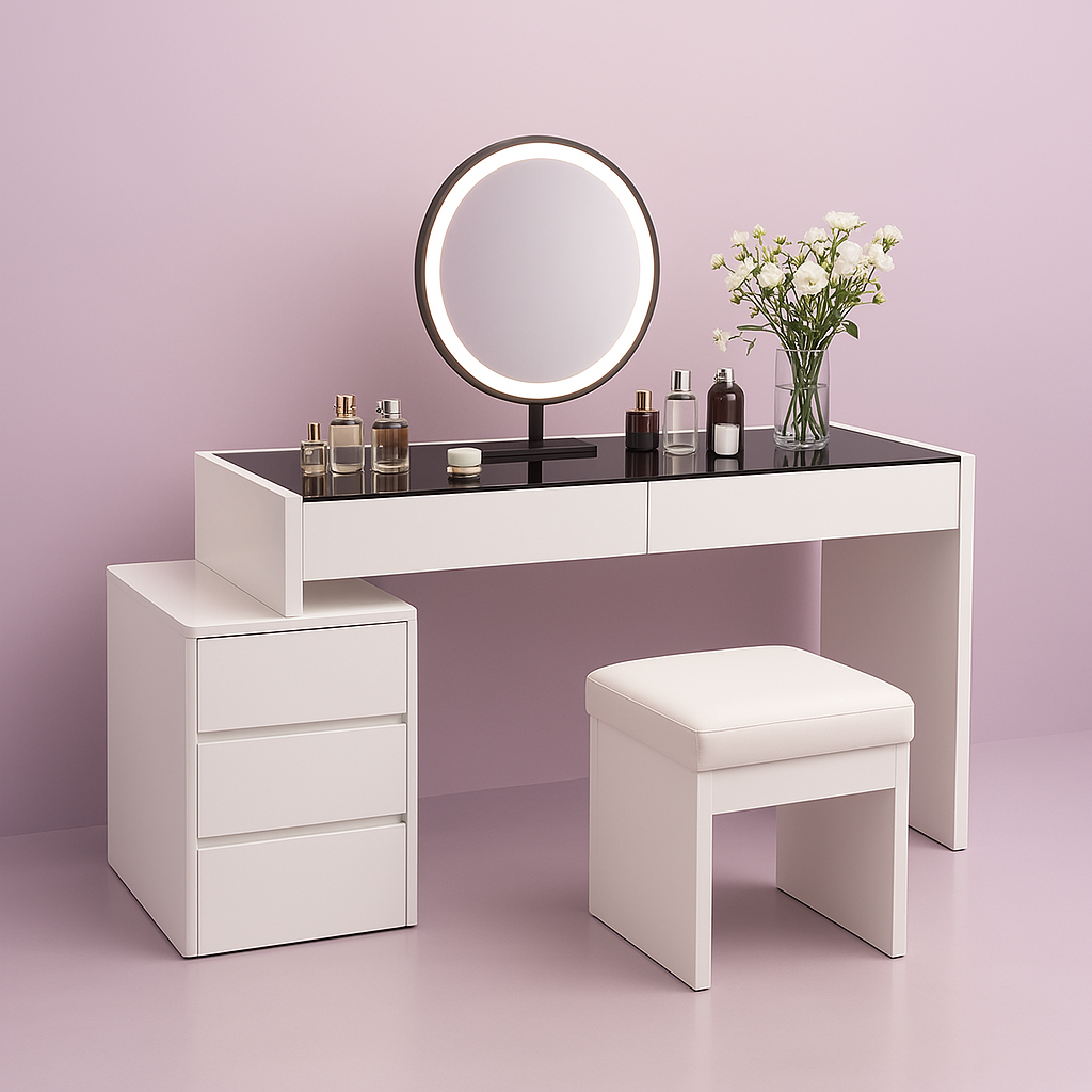 Makeup Vanity Desk Set with Lighted Mirror, Glass Top & Drawer Organizer – White Vanity Table with Movable Cabinet & Stool