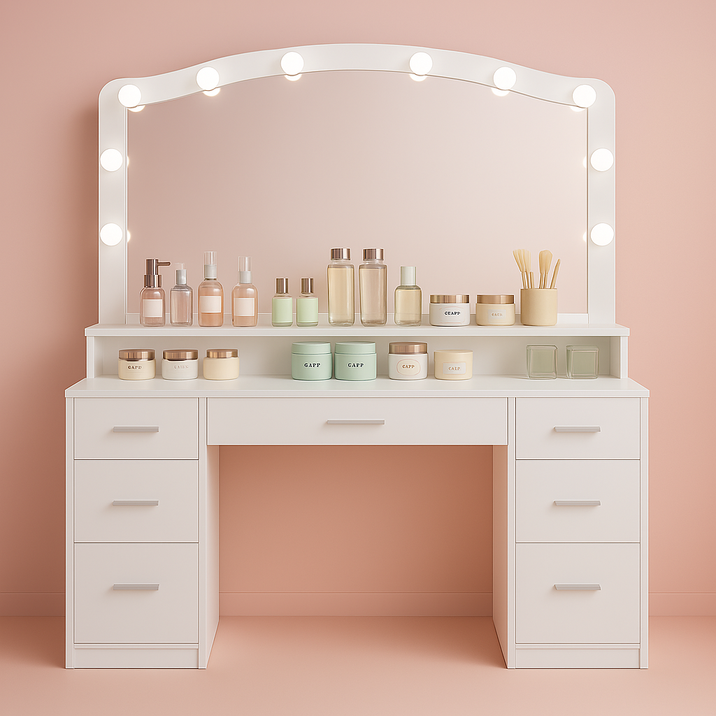 Usikey 43.3" Makeup Vanity Table with Lighted Mirror – 7 Drawers, 10 Bulbs & 3 Lighting Colors, Large Dressing Table