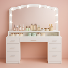 Usikey 43.3" Makeup Vanity Table with Lighted Mirror – 7 Drawers, 10 Bulbs & 3 Lighting Colors, Large Dressing Table