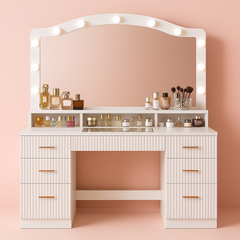 46" Fluted Makeup Vanity Desk with Glass Top, Mirror & Lights – 9 Drawers, Power Outlet & Adjustable LED