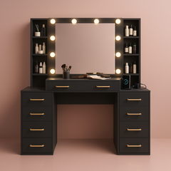 Glass Top Vanity Desk with Mirror & Lights, Large Makeup Desk with Charging Station & 9 Drawers