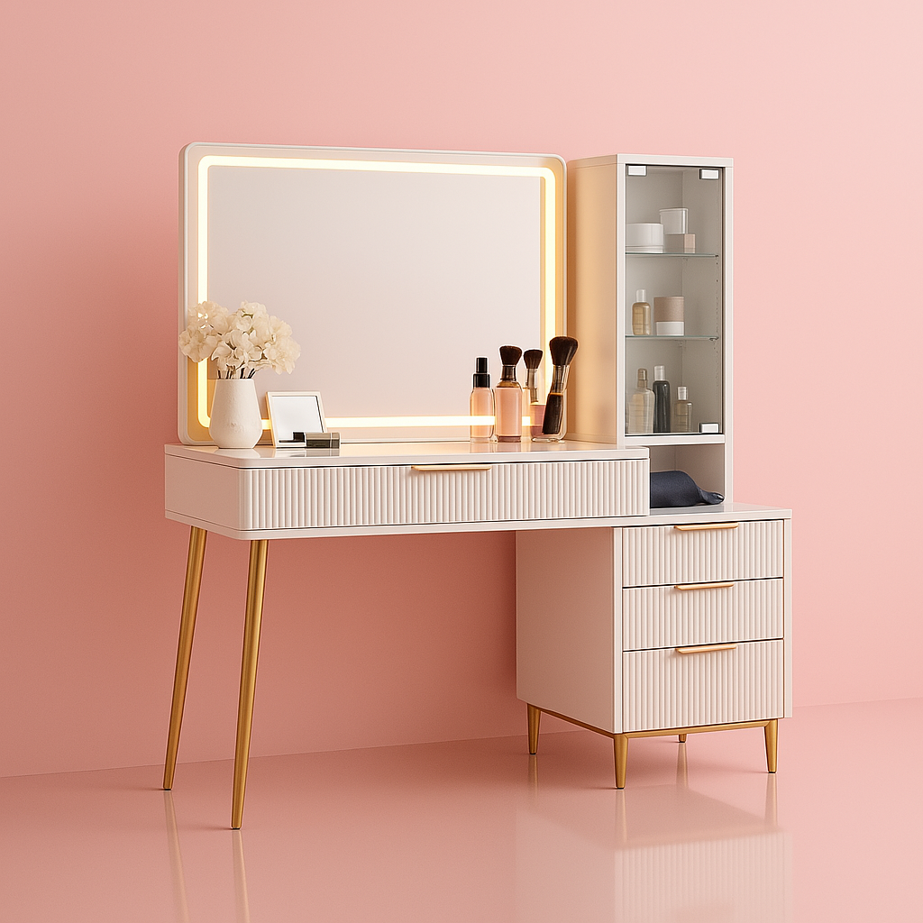 Fluted Makeup Vanity Desk with 36" Lighted Mirror & Glass Top | 48" Wide Dressing Table with Drawers & Shelves