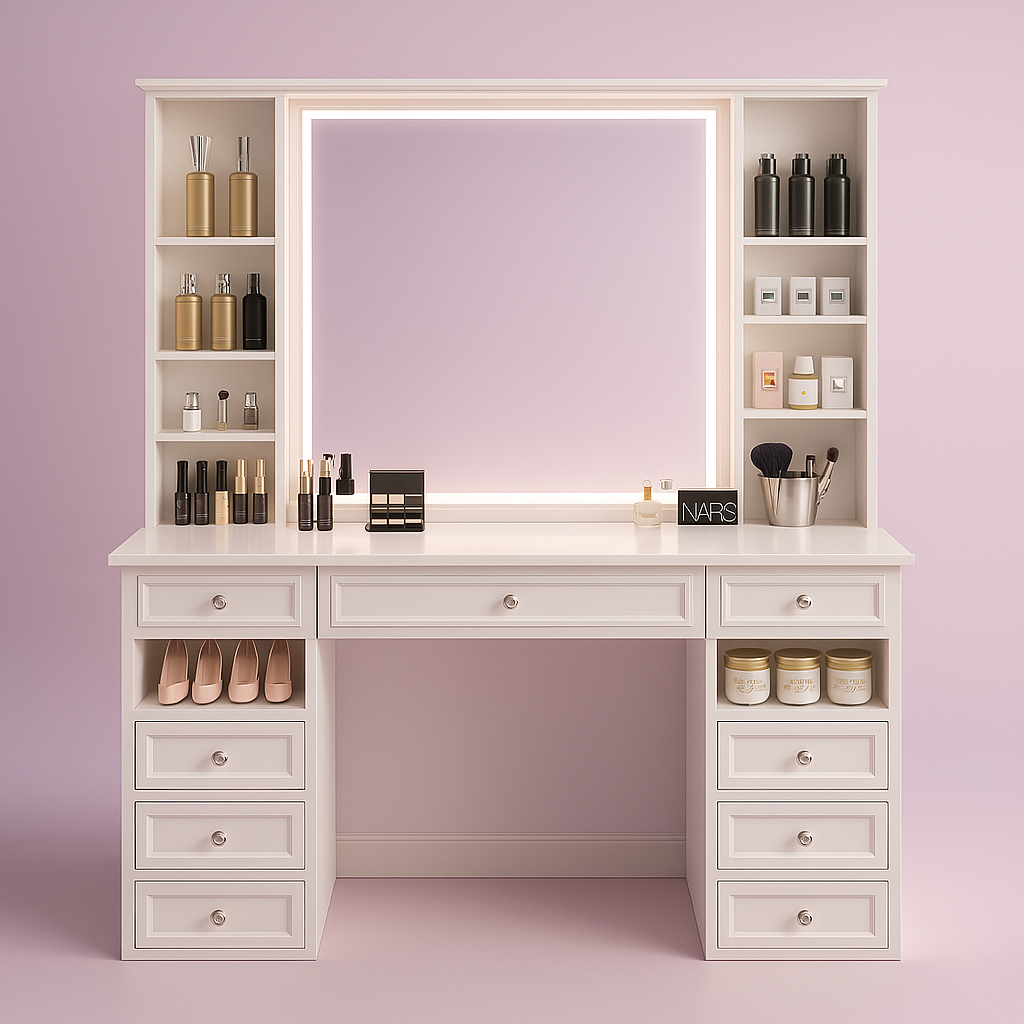 Modern Vanity Set with Lighted Mirror, Extra Large Mirror Makeup Vanity Table with 9 Drawers, European Style Dresser