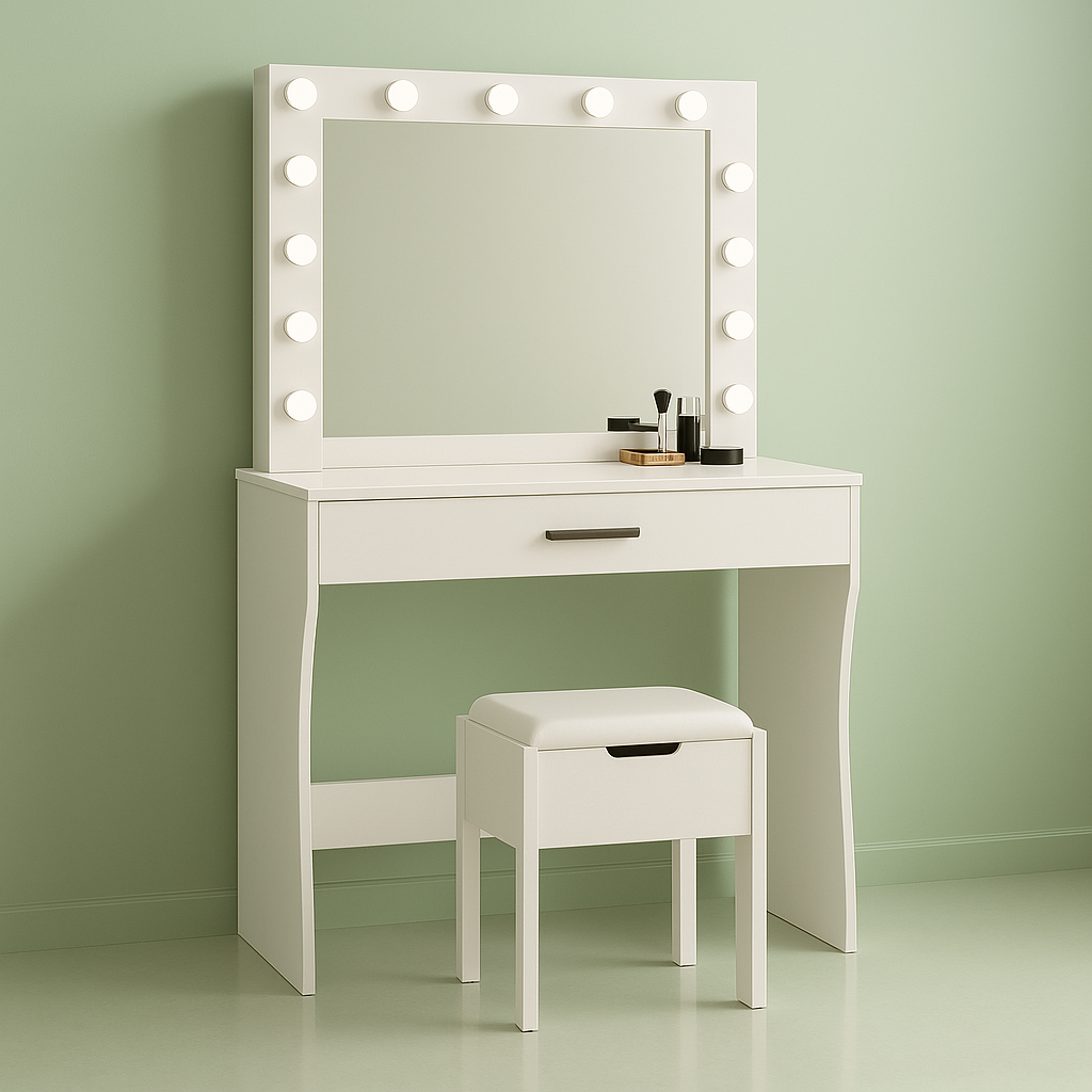 Small Vanity Desk with Mirror, Lights & Storage – Makeup Table with Drawer & Cushioned Stool