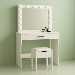 Small Vanity Desk with Mirror, Lights & Storage – Makeup Table with Drawer & Cushioned Stool