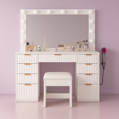 Vanity Desk with Lighted Mirror, Glass Top & Power Outlet – Includes Stool & 11 Drawers