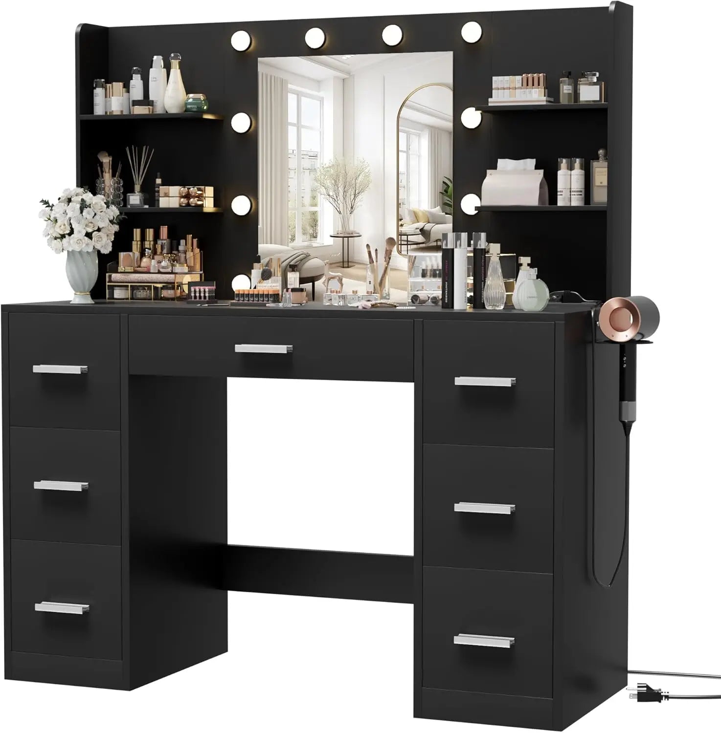 Vanity Makeup Desk with Mirror, LED Lights & Charging Station - 7 Drawers & 6 Storage Shelves