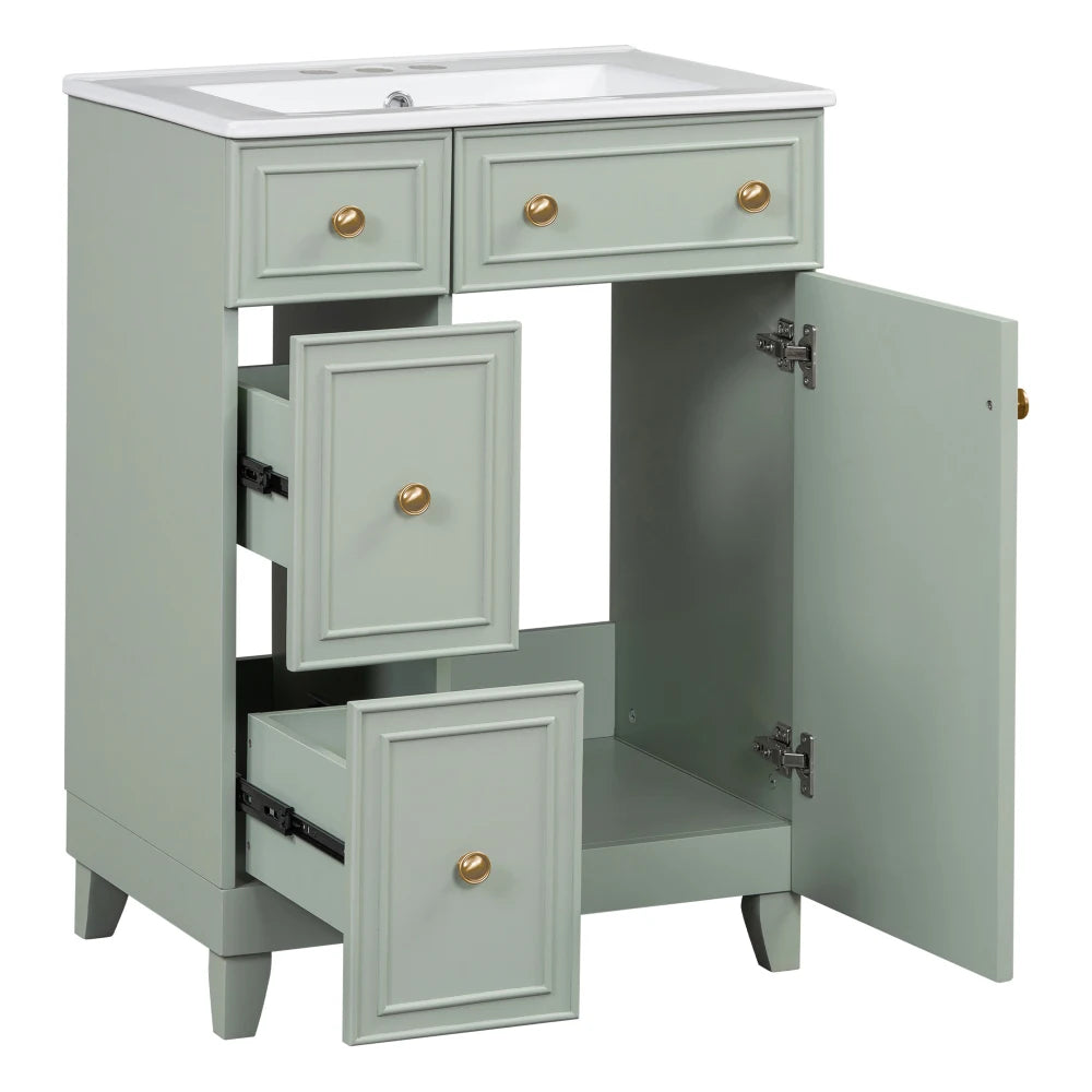 24-Inch Blue Bathroom Vanity Cabinet with Ceramic Sink, 2 Drawers & 1 Door – Solid Wood & MDF Construction