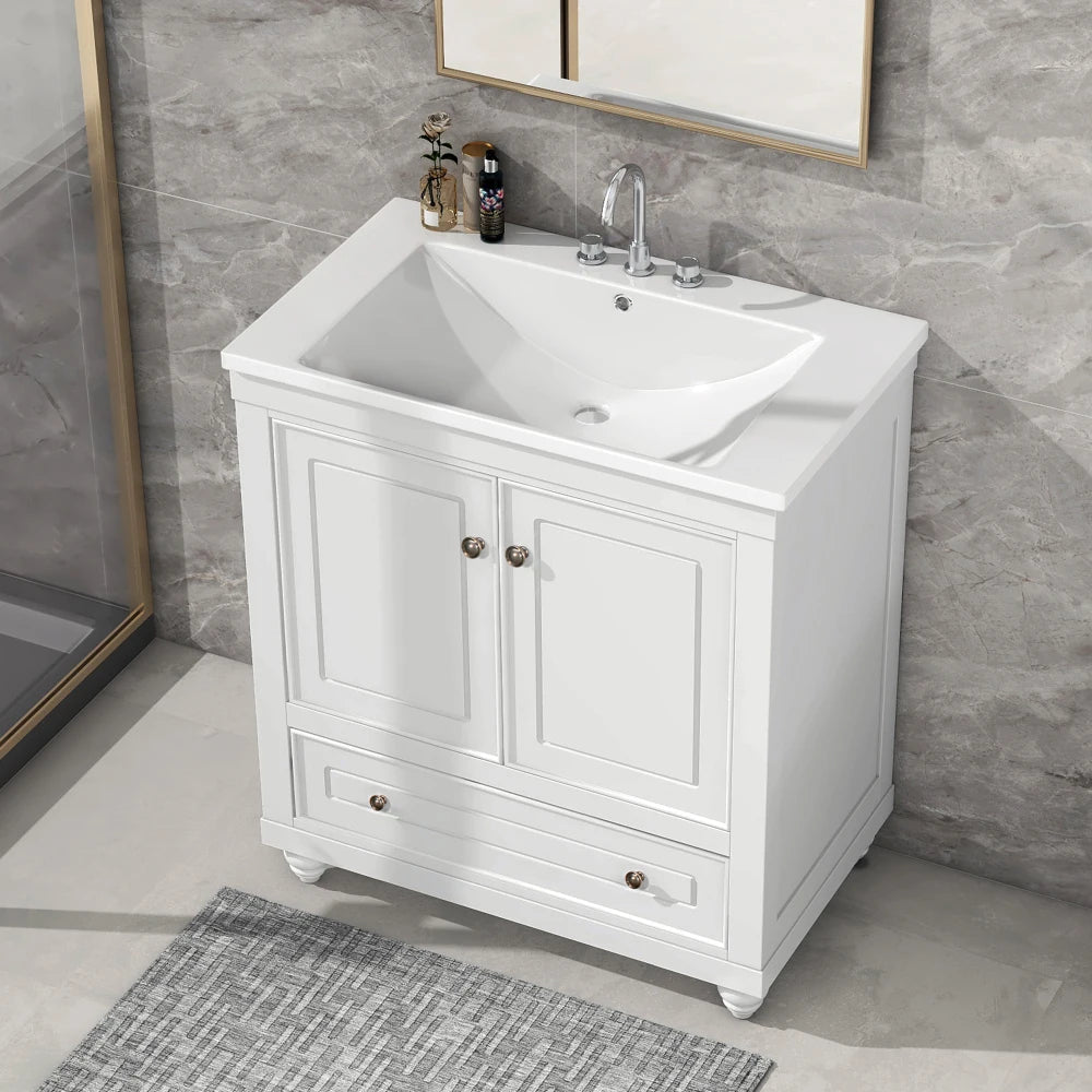 30" White Bathroom Vanity with Sink Combo | Freestanding Cabinet with Drawer & Doors | Solid Wood Frame & MDF Board