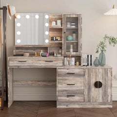 Vanity Desk with Lighted Mirror & Charging Station Makeup Vanity Table with Drawers, Storage Shelves, 10 LED Lights, and Adjustable Brightness