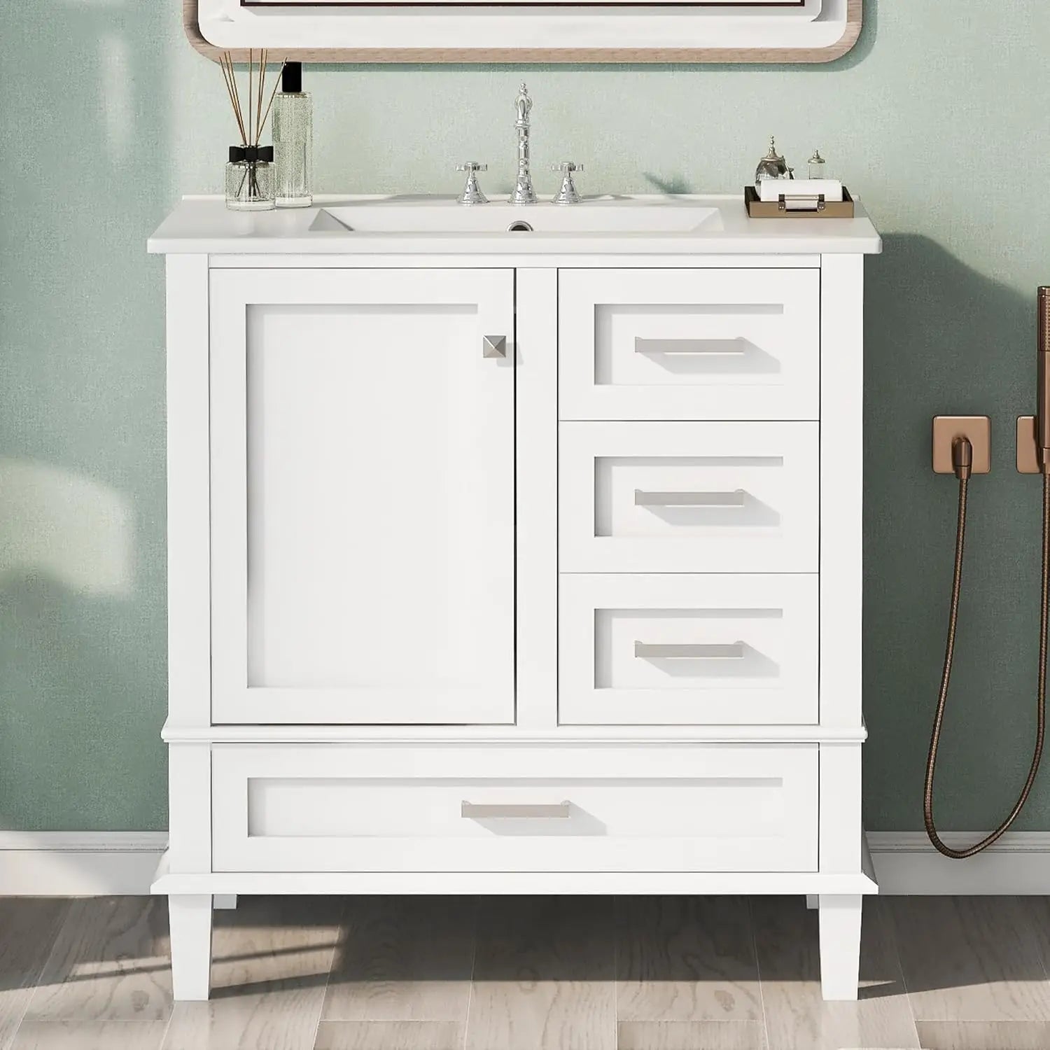 30” Modern Bathroom Vanity Cabinet with Single Sink – Grey, Ample Drawer Storage, Solid Wood Frame
