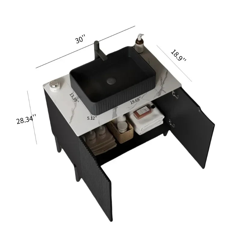 30" Freestanding Bathroom Vanity with Sink Black Ceramic Basin | Carrara White Sintered Stone Countertop | Soft-Close Doors