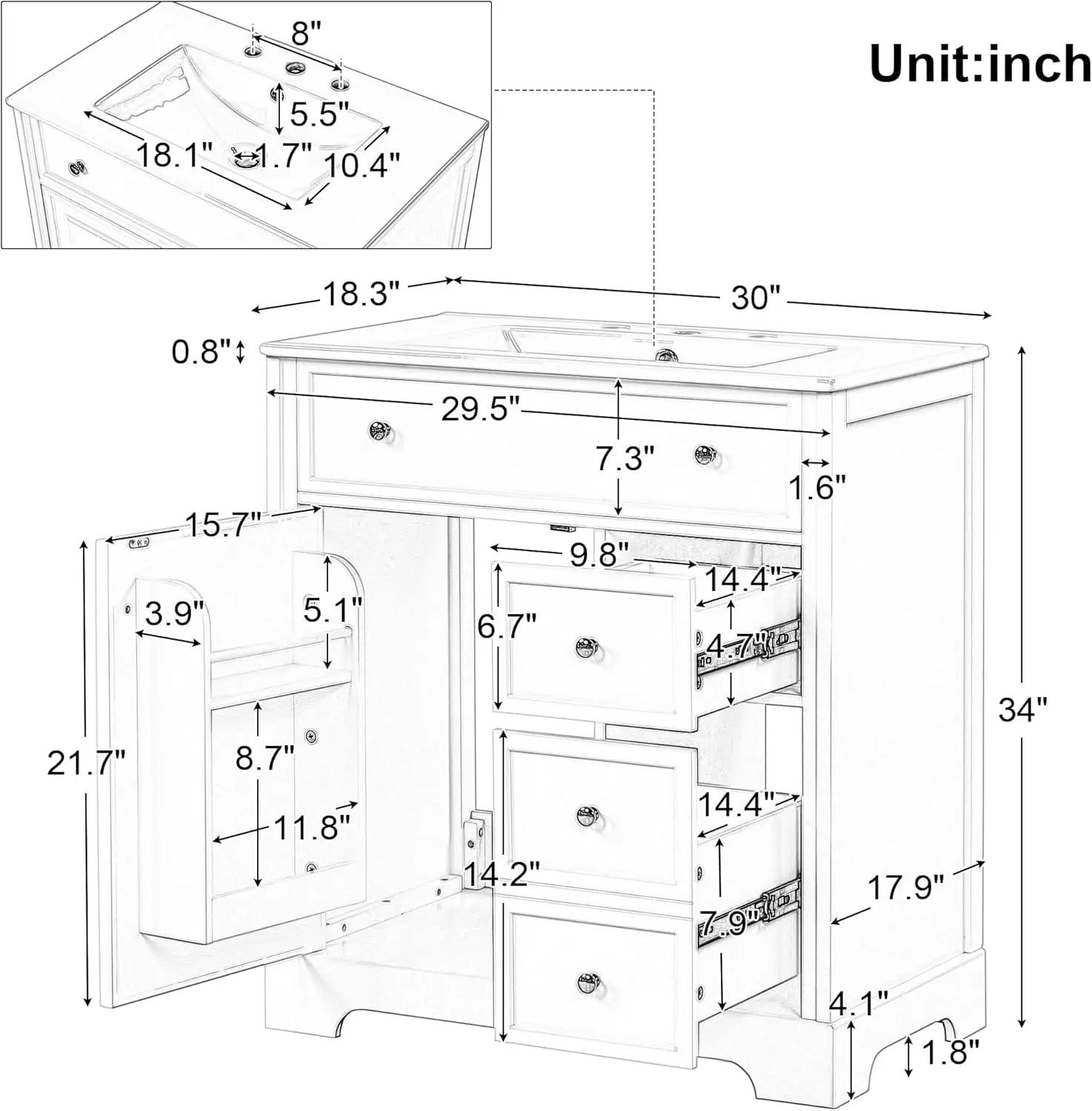 30" Bathroom Vanity with Sink – White Freestanding Cabinet with 2 Drawers, Soft-Close Door & Integrated Sink