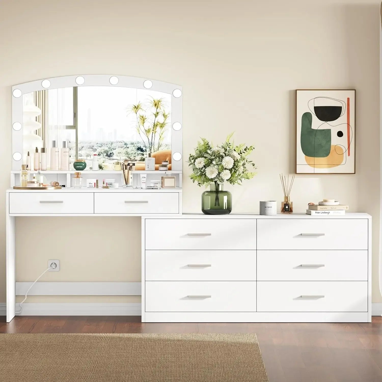 Vanity Desk with Large Mirror and 3-Color Lights
