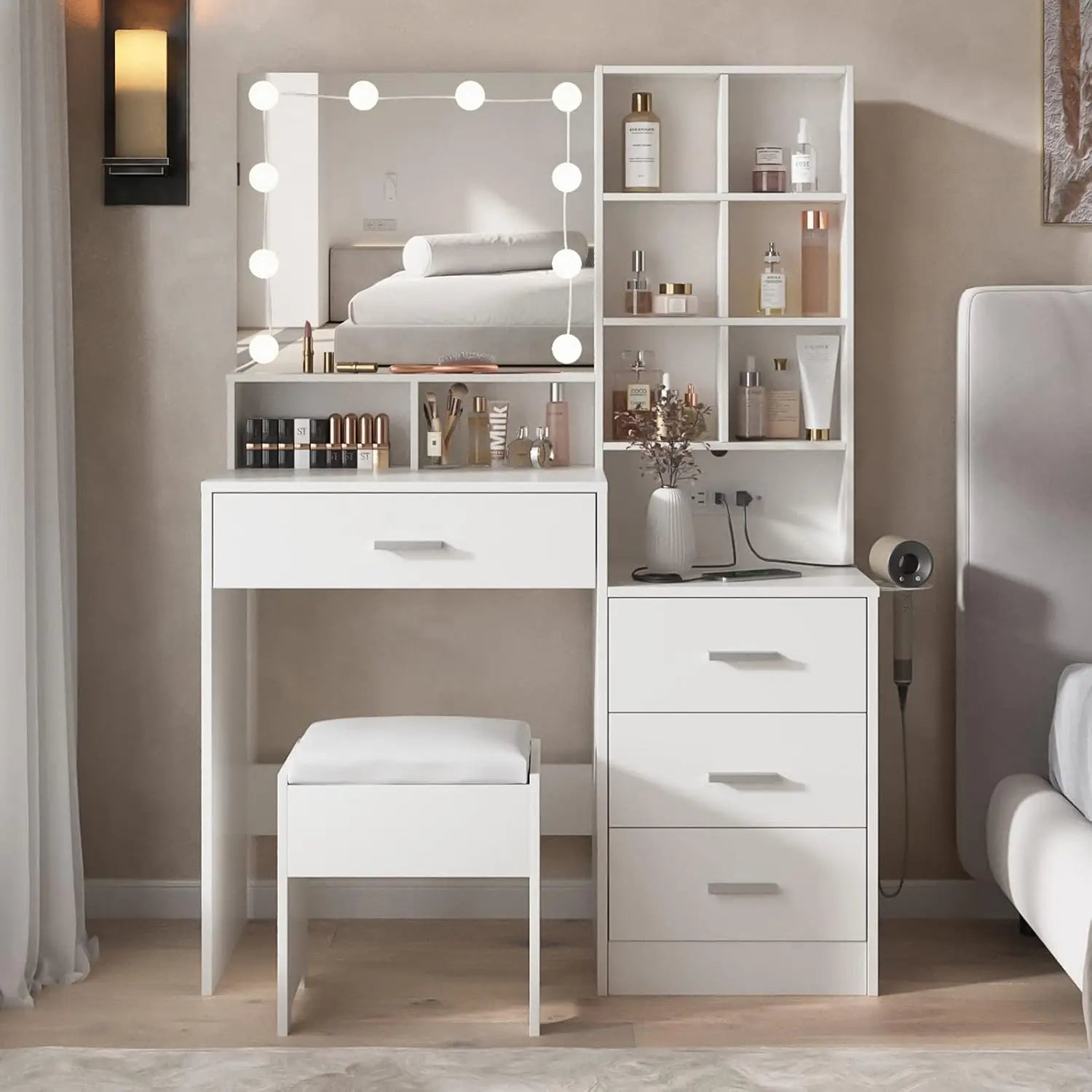 White Vanity Desk with Mirror and Lights – Makeup Vanity Table with Charging Station, Adjustable Lighting & Storage Shelves