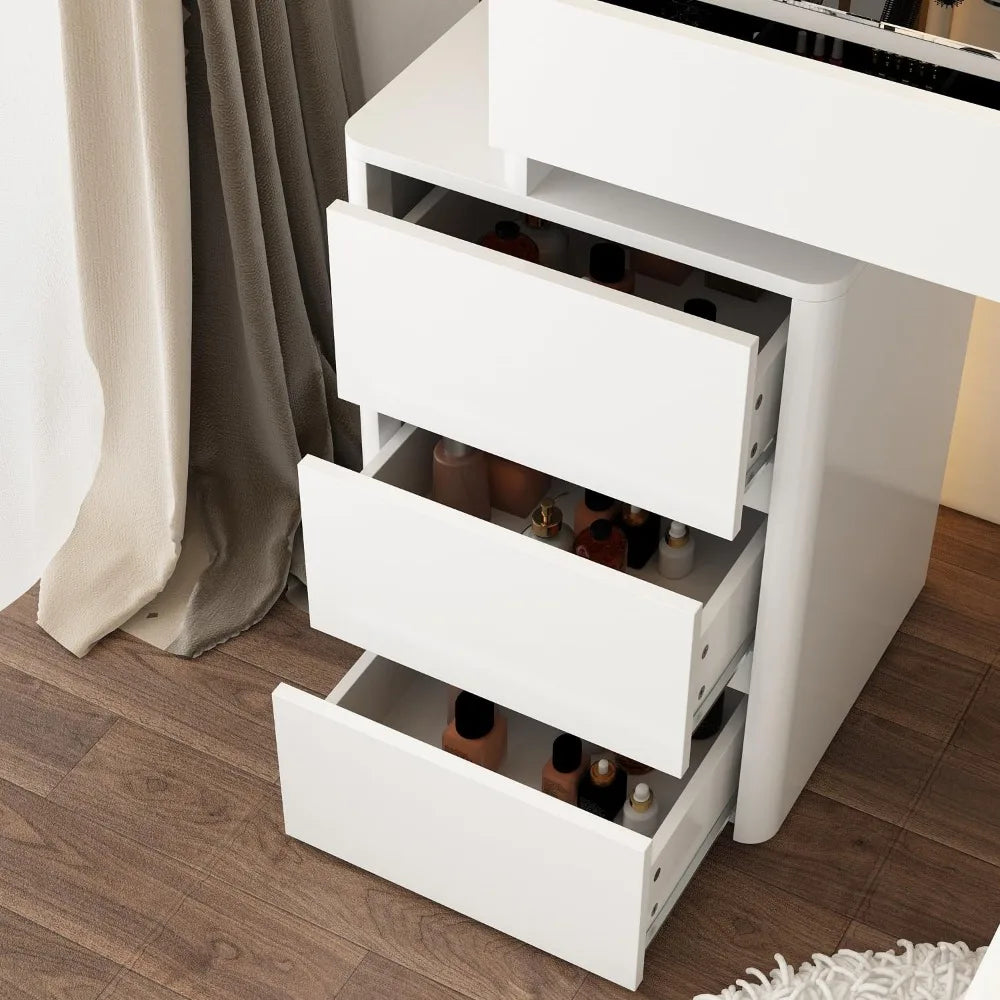 Makeup Vanity Desk Set with Lighted Mirror, Glass Top & Drawer Organizer – White Vanity Table with Movable Cabinet & Stool