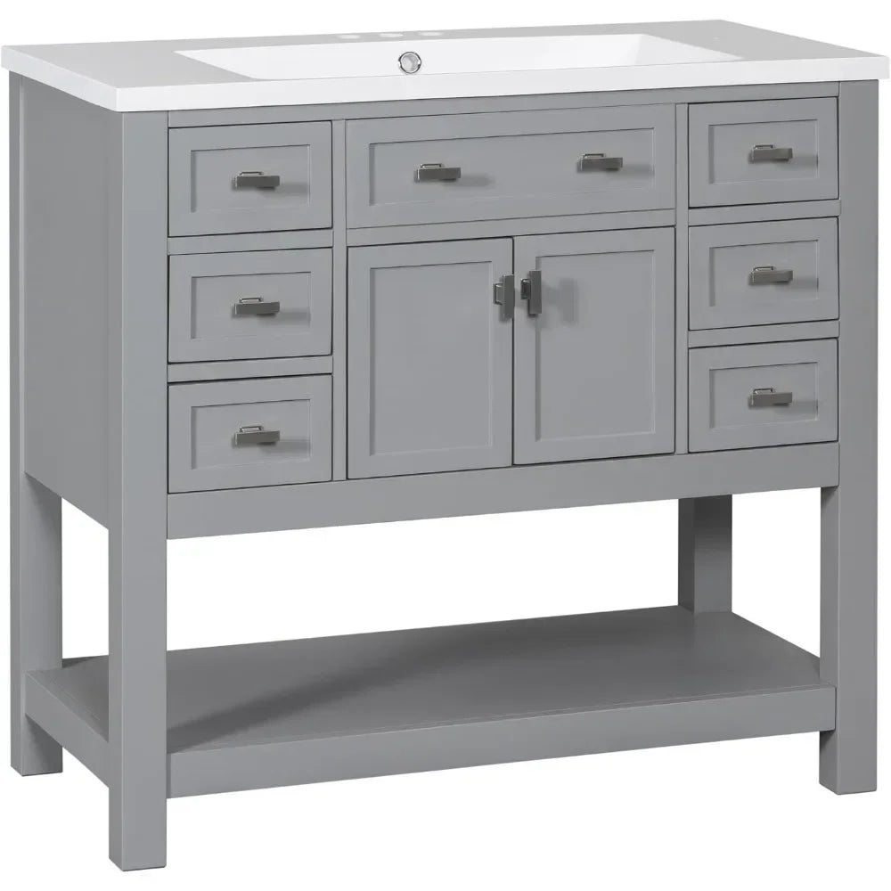 36" Bathroom Vanity with Sink – Freestanding Cabinet with Soft-Close Drawers, Doors & Open Shelf