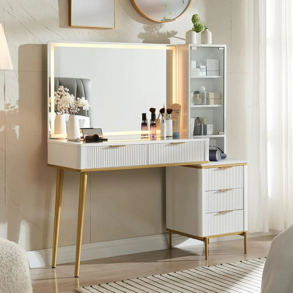 Fluted Makeup Vanity Desk with 36" Lighted Mirror & Glass Top | 48" Wide Dressing Table with Drawers & Shelves