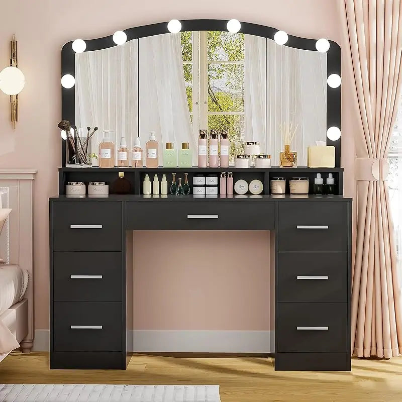Usikey 43.3" Makeup Vanity Table with Lighted Mirror – 7 Drawers, 10 Bulbs & 3 Lighting Colors, Large Dressing Table