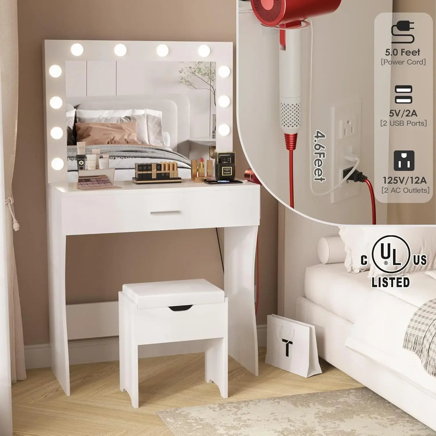 Makeup Vanity Desk with Mirror & 12 LED Lights – White Vanity Set with Charging Station & Storage Stool
