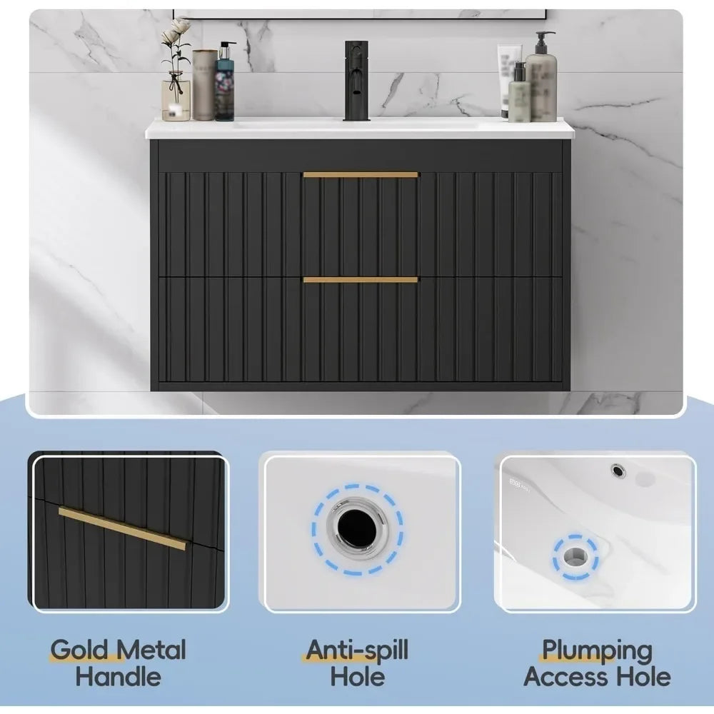 30" Floating Bathroom Vanity with Sink – Wall Mounted Cabinet with 2 Soft-Close Drawers & Modern Metal Handles