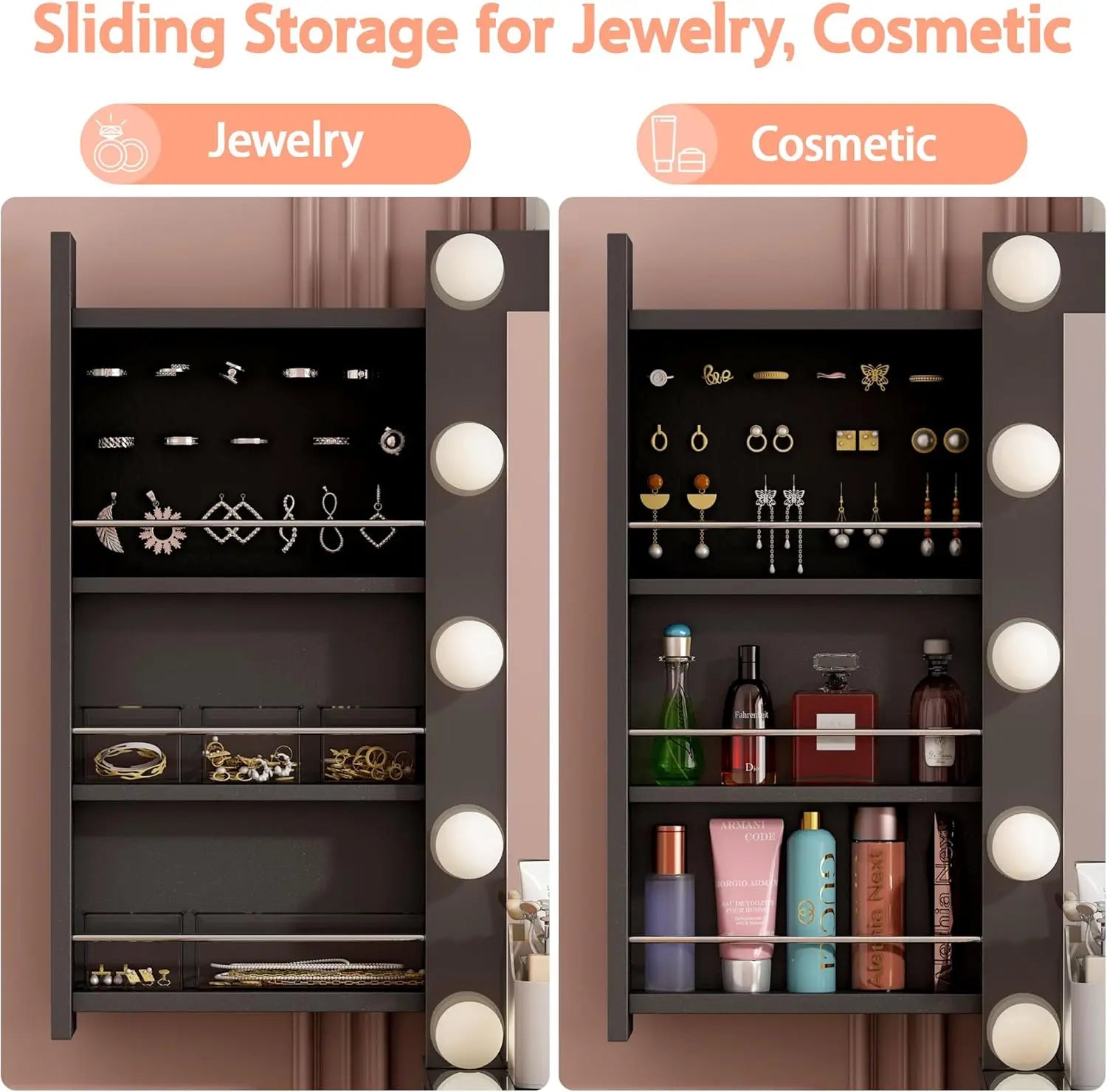 Vanity Desk with Power Outlet, Lighted Mirror & 14 LED Lights, 3 Lighting Modes, 11-Drawer Makeup Vanity Table with Sliding Jewelry Cabinets & Glass Top