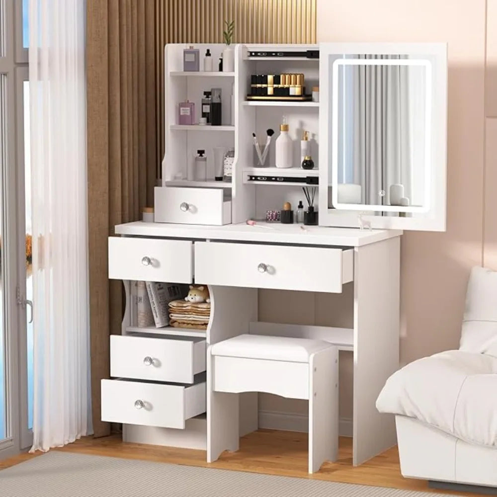 Makeup Vanity Desk with Mirror & Lights Vanity Table with 5 Drawers, Storage Shelves & 3-Color LED Lighting Modes