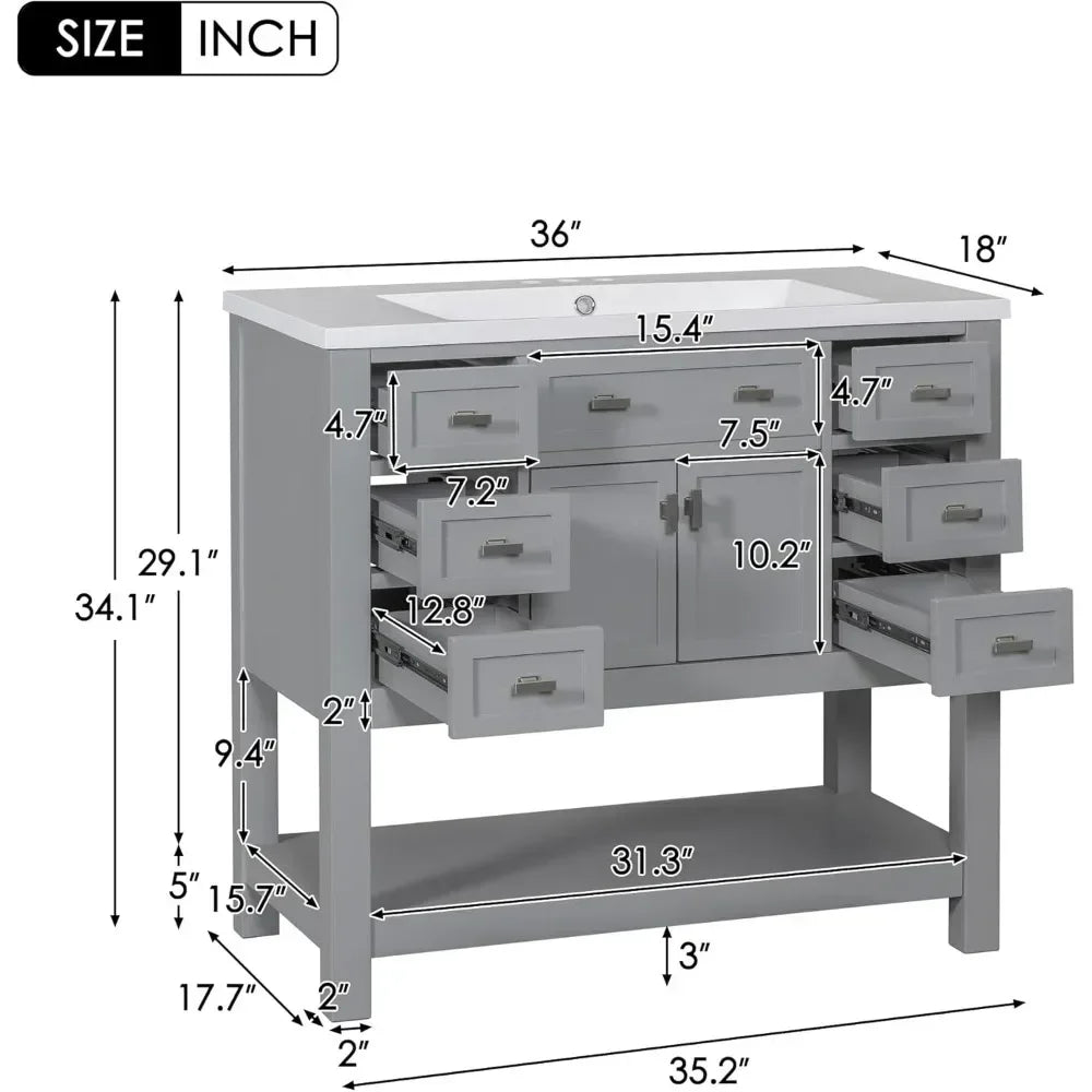 36" Bathroom Vanity with Sink – Freestanding Cabinet with Soft-Close Drawers, Doors & Open Shelf