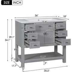 36" Bathroom Vanity with Sink – Freestanding Cabinet with Soft-Close Drawers, Doors & Open Shelf