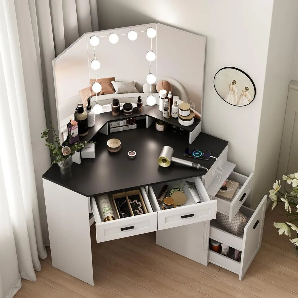 Corner Vanity Desk with Tri-Fold Mirror & LED Lights – Makeup Table with Power Outlets, Drawers & Storage Shelves