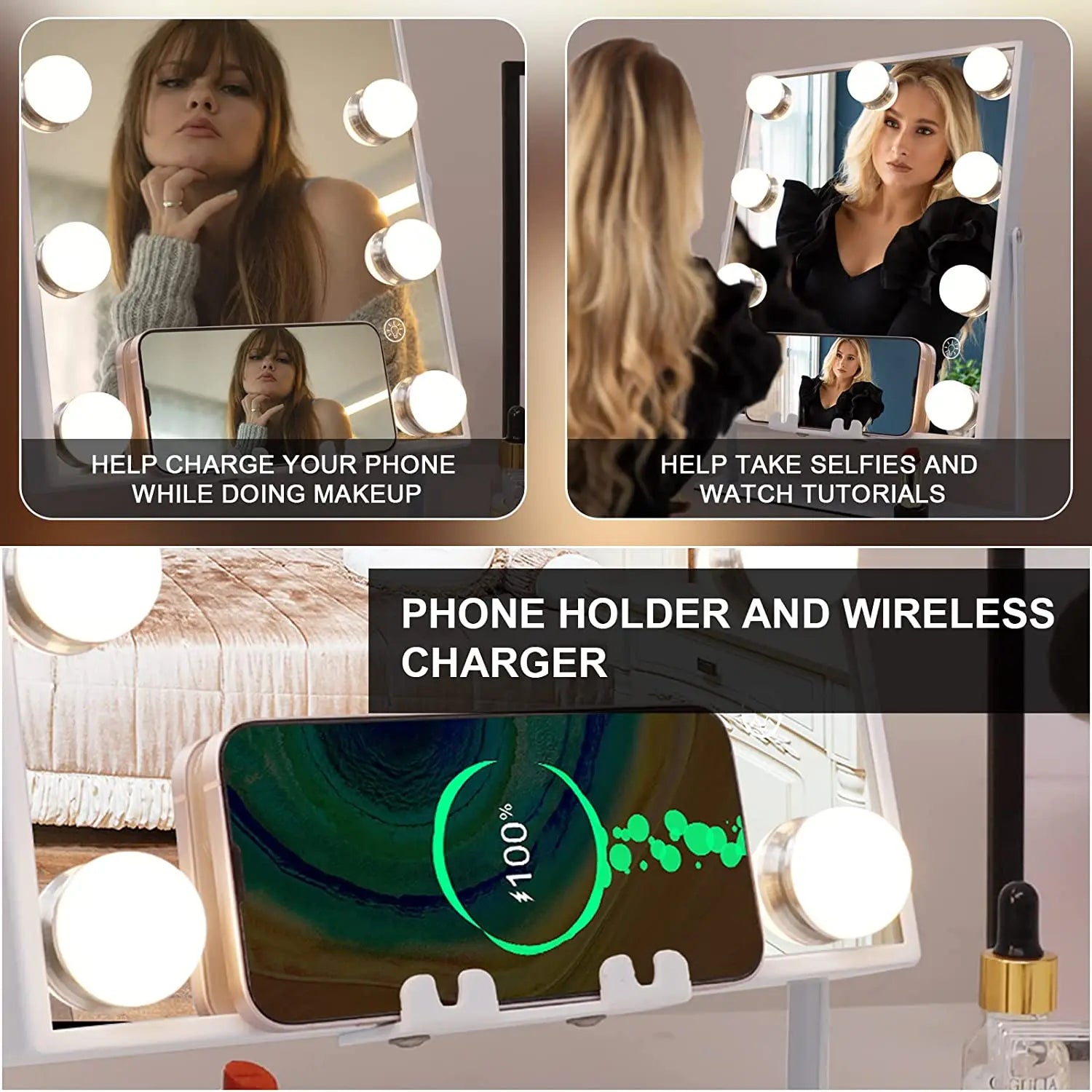 Vanity Mirror with Lights, Bluetooth Speaker & Wireless Charging – 12 LED Bulbs, Touch Control, 3 Color Modes