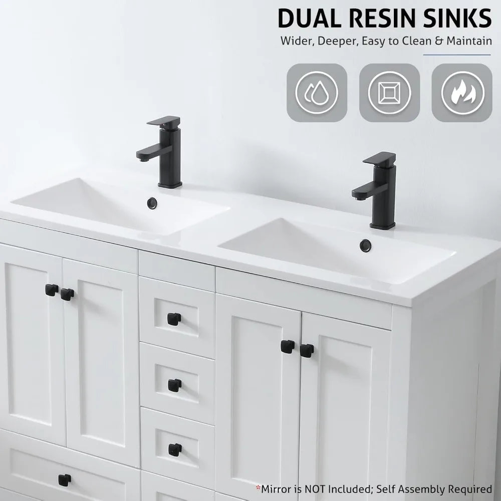 48" Bathroom Vanity Cabinet with Double Sink Combo Set Modern Engineered Wood Base | Durable Resin Sinks | Black Faucets | Ample Storage with Soft-Close Doors & Drawers