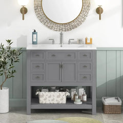 36" Bathroom Vanity with Sink – Freestanding Cabinet with Soft-Close Drawers, Doors & Open Shelf