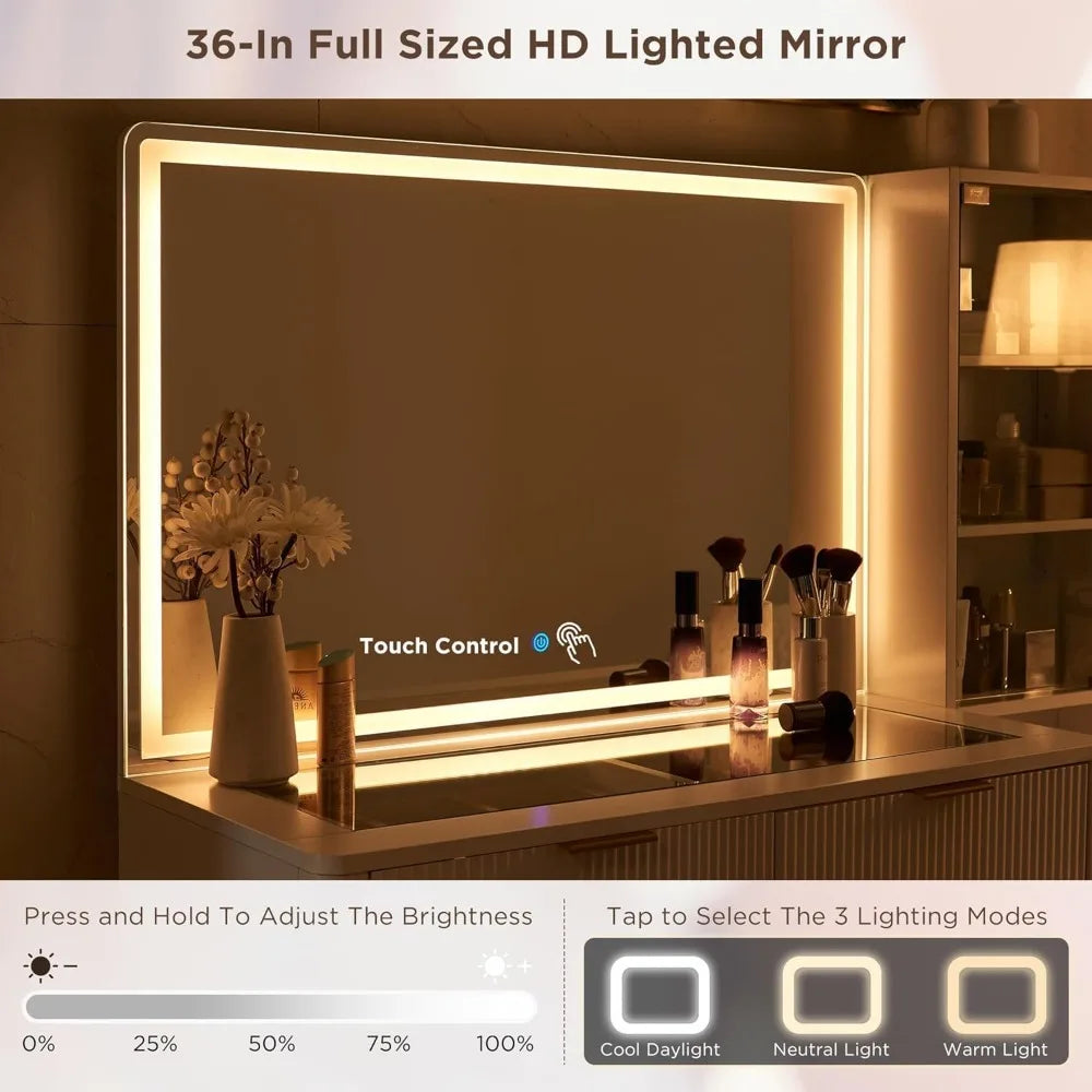 Fluted Makeup Vanity Desk with 36" Lighted Mirror & Glass Top | 48" Wide Dressing Table with Drawers & Shelves