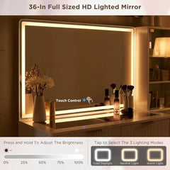 Fluted Makeup Vanity Desk with 36" Lighted Mirror & Glass Top | 48" Wide Dressing Table with Drawers & Shelves