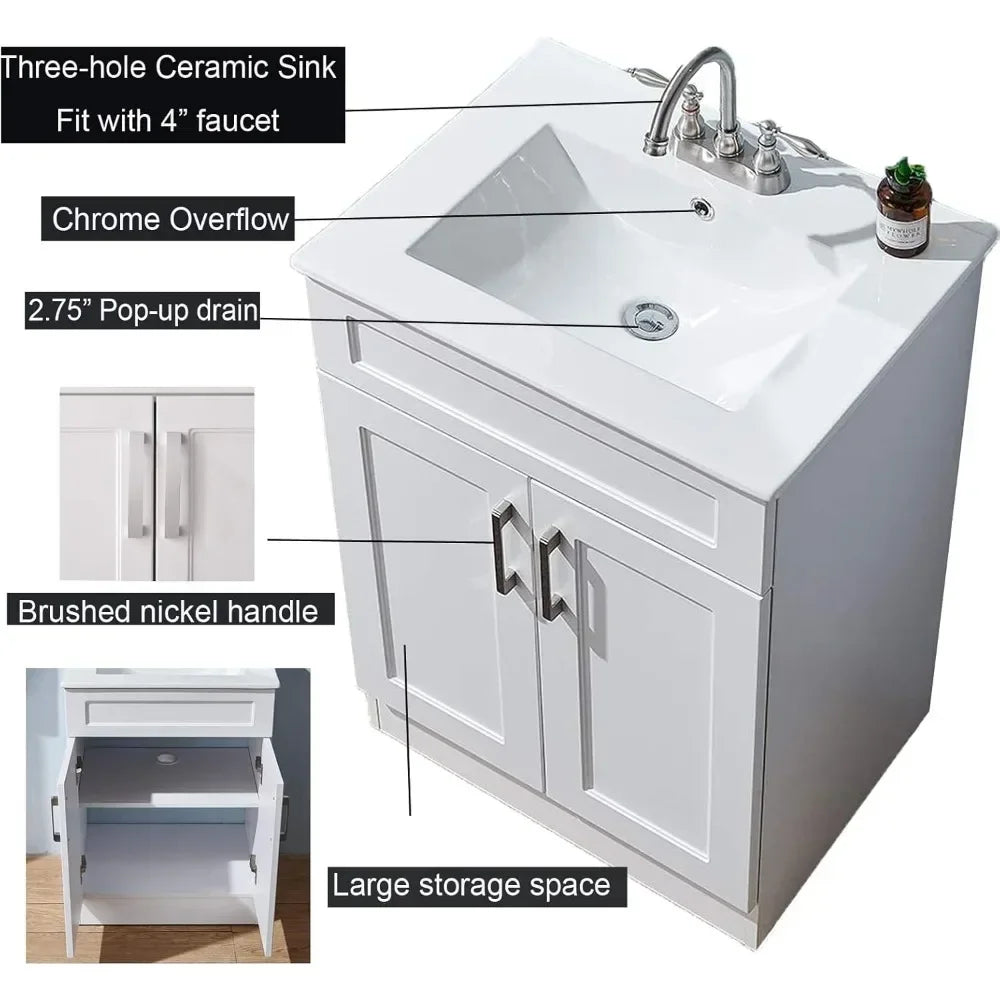 24" White Bathroom Vanity with Ceramic Sink – Modern Small Bathroom Vanity Cabinet with Double Doors