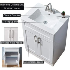 24" White Bathroom Vanity with Ceramic Sink – Modern Small Bathroom Vanity Cabinet with Double Doors