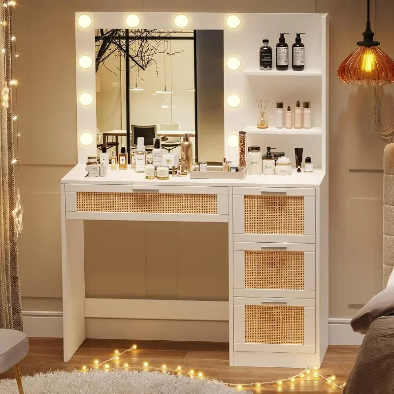 Makeup Vanity Table with Lighted Mirror & 4 Drawers | Modern Dressing Table with Storage Shelves