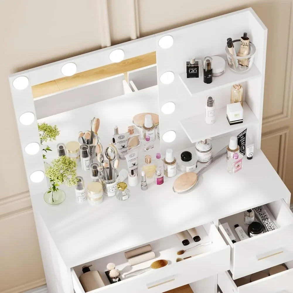 Lighted Makeup Vanity Table with Mirror, 4 Drawers & Storage Shelves