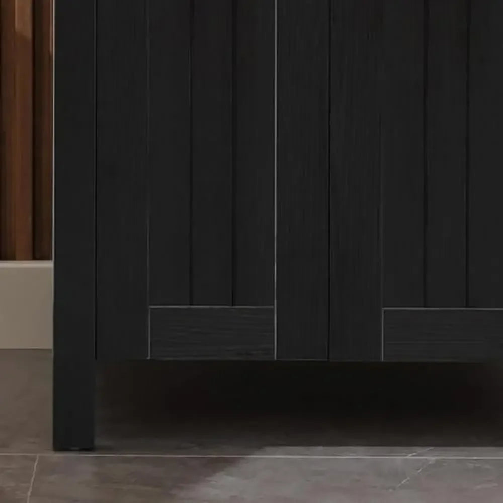 24" Black Wood Bathroom Vanity Cabinet with Ceramic Vessel Sink & Grooved Doors