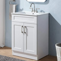 24" White Bathroom Vanity with Ceramic Sink – Modern Small Bathroom Vanity Cabinet with Double Doors