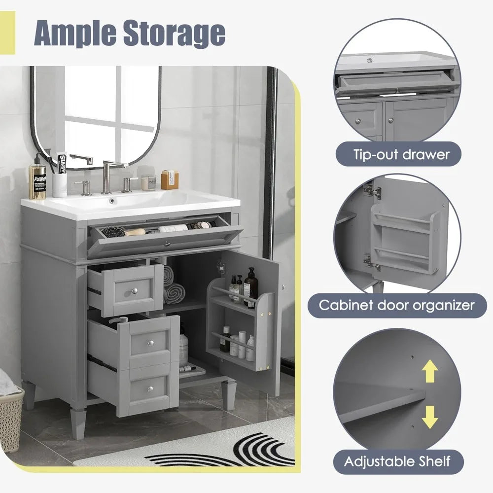 30" Bathroom Vanity with Sink – Freestanding Cabinet with 2 Drawers & Tip-Out Drawer