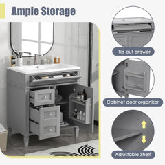 30" Bathroom Vanity with Sink – Freestanding Cabinet with 2 Drawers & Tip-Out Drawer