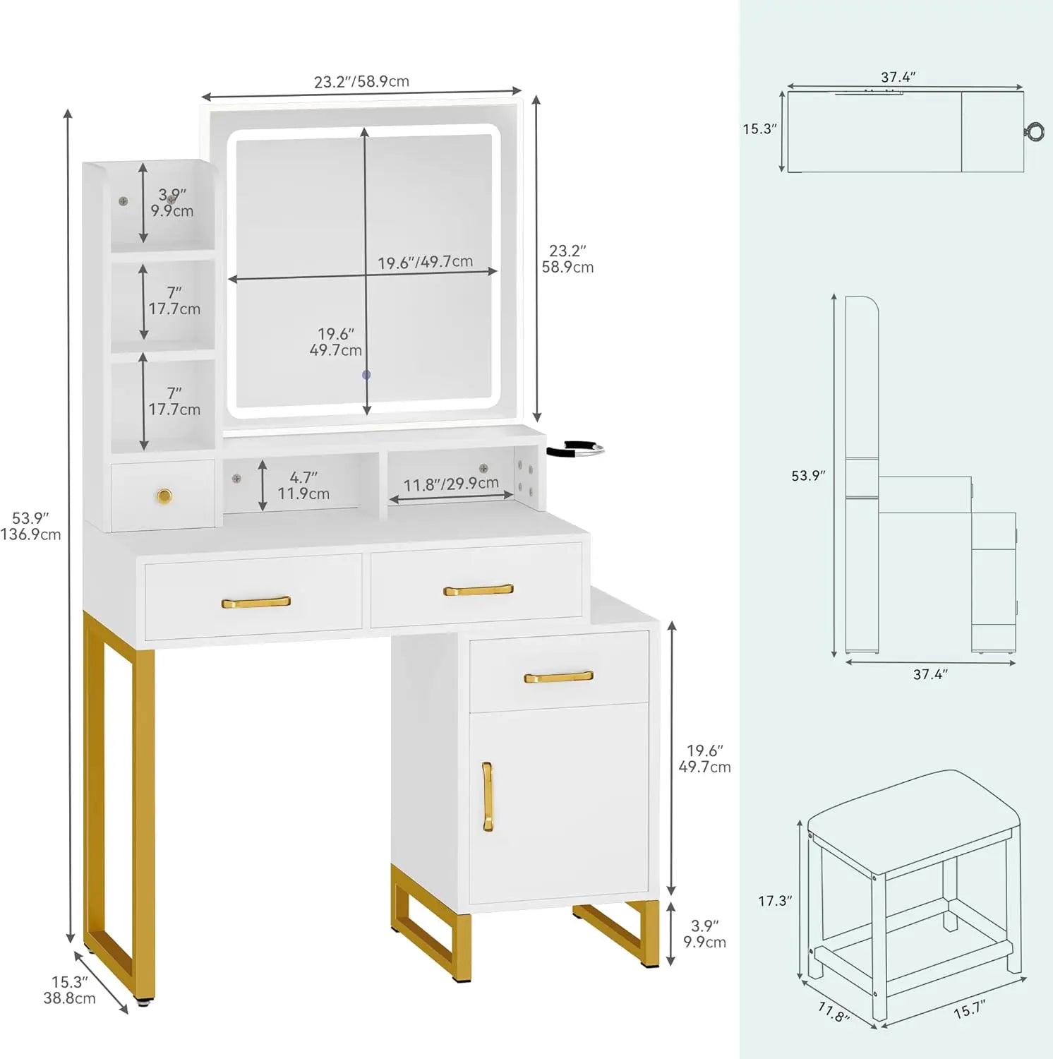 Makeup Vanity Desk with Mirror, Lights & Power Outlet 4 Drawers, Shelves, Cabinet, Dressing Table with Stool, 3-Color LED Lighting