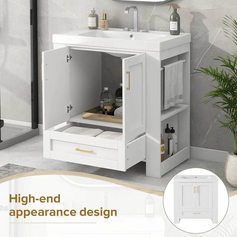 30" Freestanding Bathroom Vanity with Sink – Single Sink Cabinet with Drawer & Side Shelf