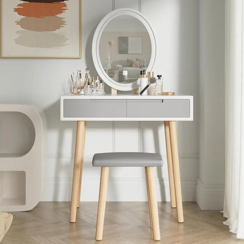 31.5" Small Vanity Desk with Lighted Mirror and Drawers – Compact Makeup Table with Adjustable LED, Stool Included