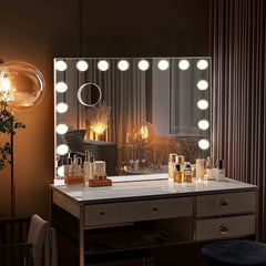 32"x24" Hollywood Vanity Mirror with Lights, 18 Dimmable LED Bulbs, 3 Color Modes, Tabletop or Wall-Mounted, USB Charging Port