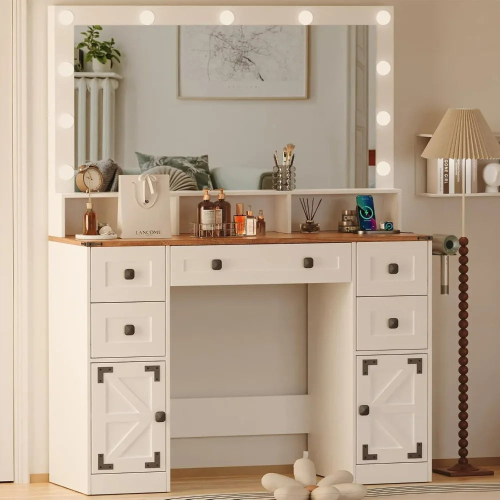 Makeup Vanity Desk with Mirror, Lights & Power Outlet – 43" Dressing Table with Drawers & Barn-Style Cabinets