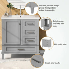 30” Modern Bathroom Vanity Cabinet with Single Sink – Grey, Ample Drawer Storage, Solid Wood Frame