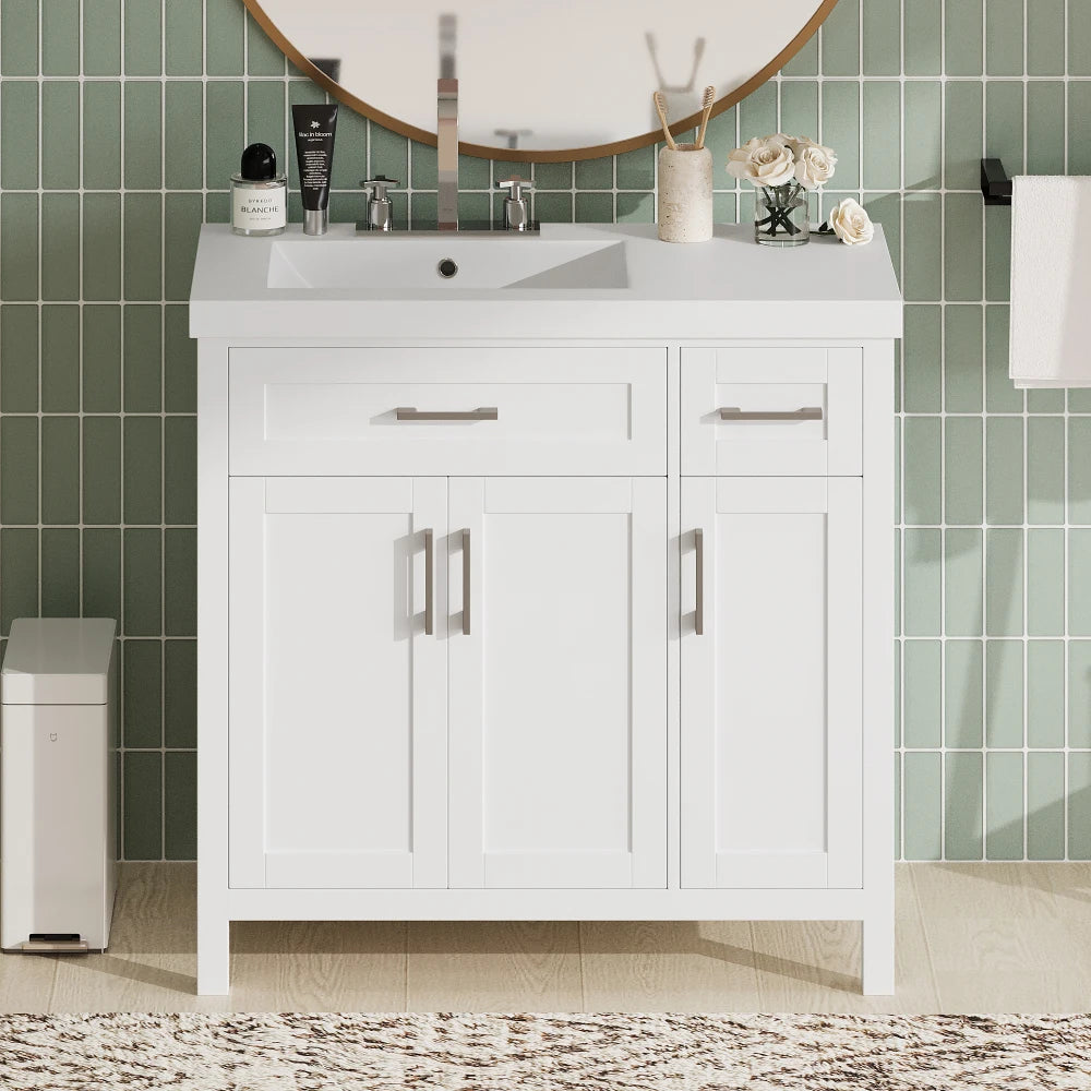36" Black Bathroom Vanity Cabinet with Resin Integrated Sink, 2 Drawers & 3 Doors
